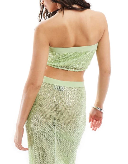 ASOS DESIGN koord sequin nät bandeau scarf nederdel topp i lime - Image 4