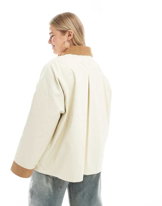 ASOS DESIGN Curve cord top collar waxed jacket in stone - Image 3