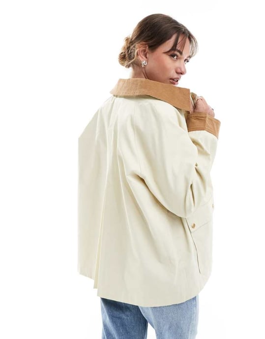 ASOS DESIGN cord top collar waxed jacket in stone - Image 3