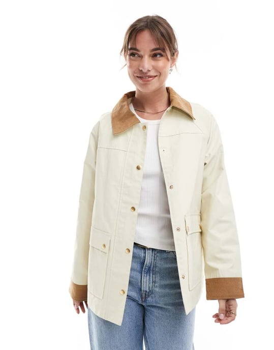 ASOS DESIGN cord top collar waxed jacket in stone - Image 4