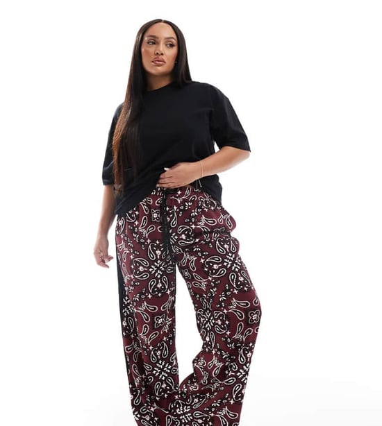 ASOS DESIGN Curve pull on trousers with contrast panel in dark cherry bandada print - Image 1