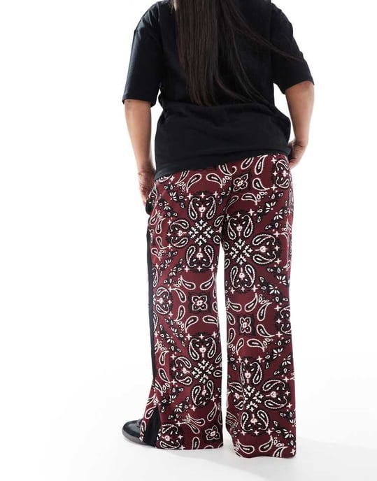ASOS DESIGN Curve pull on trousers with contrast panel in dark cherry bandada print - Image 2