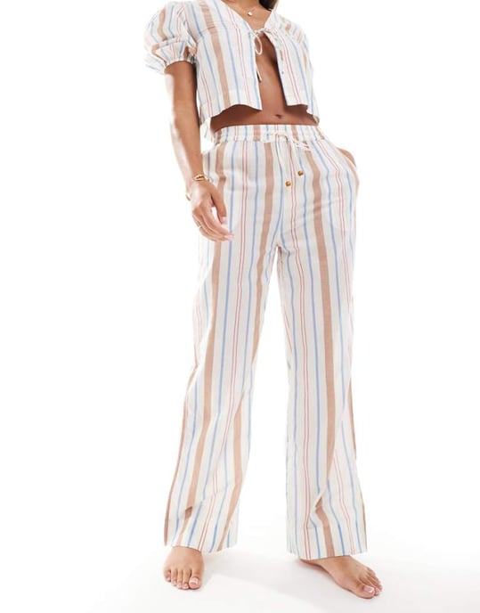 ASOS DESIGN Carrie bomulls-set med vida benstrandbyxor i multi-rand - Image 1