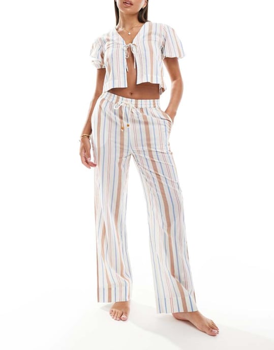 ASOS DESIGN Carrie bomulls-set med vida benstrandbyxor i multi-rand - Image 3