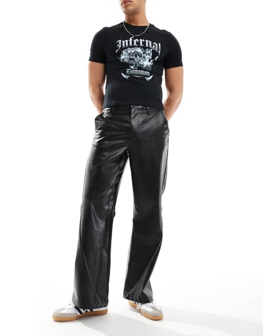 ASOS DESIGN wide hem baggy leather look trouser in black with sporty piping - Image 1