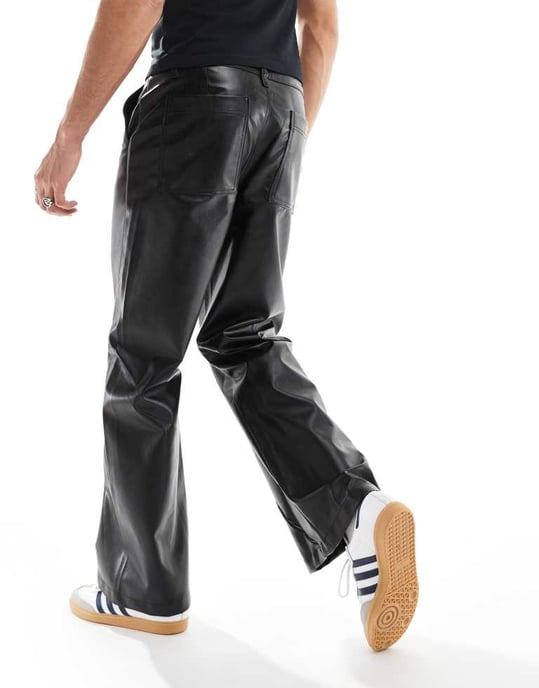 ASOS DESIGN wide hem baggy leather look trouser in black with sporty piping - Image 3