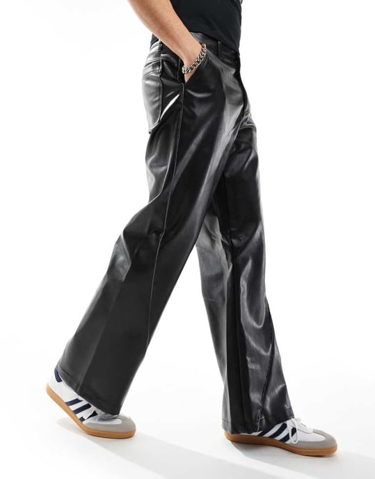 ASOS DESIGN wide hem baggy leather look trouser in black with sporty piping - Image 4