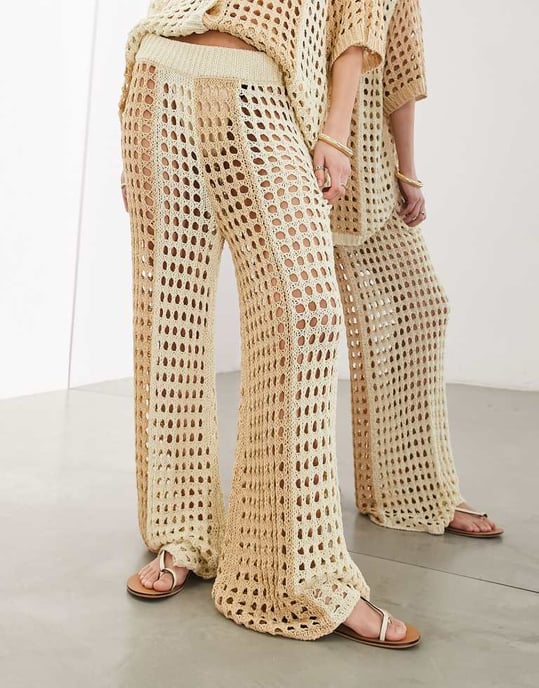 ASOS EDITION stickad vida byxor set i tonad krämrand - Image 2