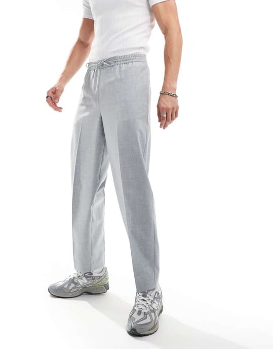 ASOS DESIGN smarta vida byxor med resår i ljusgrå melange - Image 1