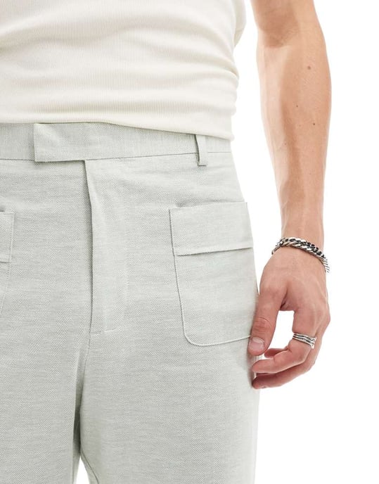 ASOS DESIGN smart hög midja utsvängda byxor i salvia grönt herringbone - Image 2