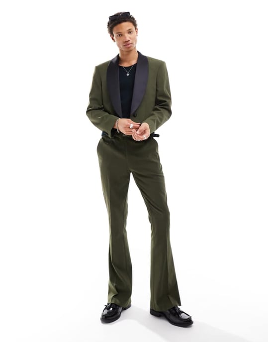 ASOS DESIGN smala flare kostymbyxor i grön - Image 1
