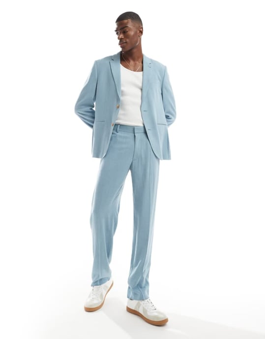 ASOS DESIGN raka sommarbyxor i ljusblå slub - Image 1