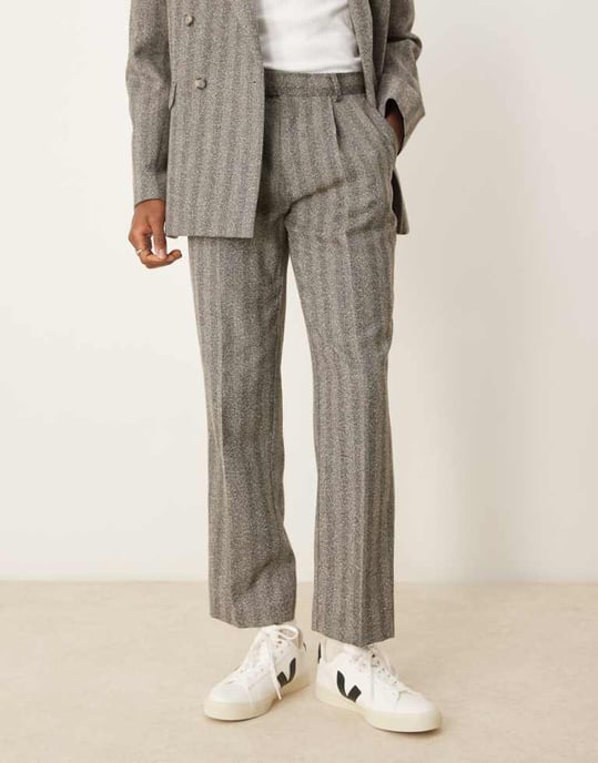 ASOS DESIGN raka ben kostymbyxor i kolgrå herringbone - Image 1