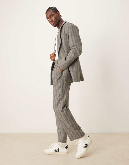 ASOS DESIGN raka ben kostymbyxor i kolgrå herringbone - Image 3