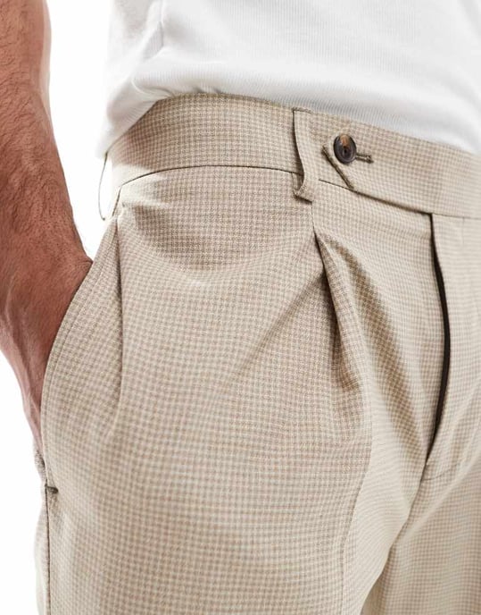 ASOS DESIGN raka kostymbyxor i neutralt tonat hundtandsmönster - Image 3