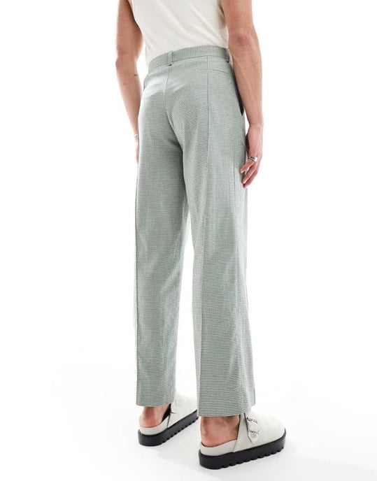 ASOS DESIGN byxor med tunn barrel-leg i grön linne med hundtandsmönster - Image 2