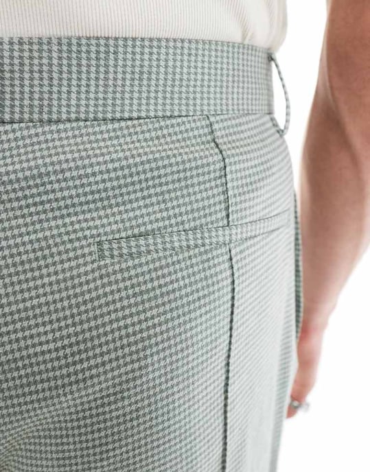 ASOS DESIGN byxor med tunn barrel-leg i grön linne med hundtandsmönster - Image 3