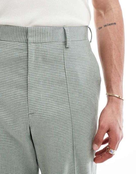 ASOS DESIGN byxor med tunn barrel-leg i grön linne med hundtandsmönster - Image 4
