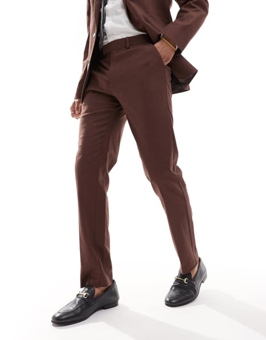 ASOS DESIGN slim linnebyxa i brunt - Image 2