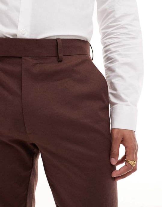 ASOS DESIGN slim linnebyxa i brunt - Image 4