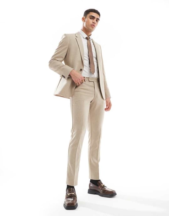 ASOS DESIGN skinny kostymbyxor i ull i kamel kornväv - Image 1