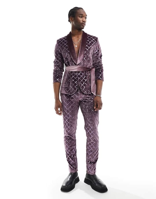 ASOS DESIGN smal kostymbyxa med diamantpaljetter i lila - Image 1