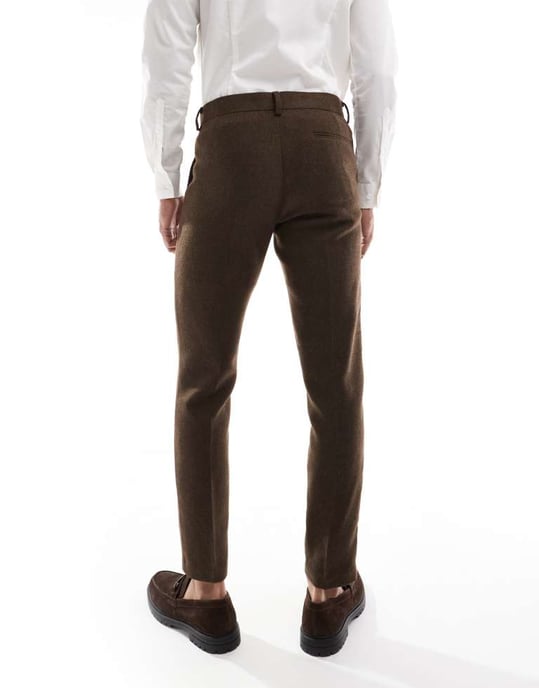 ASOS DESIGN skinny kostymbyxor med ull i brun twill - Image 2