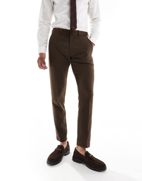 ASOS DESIGN skinny kostymbyxor med ull i brun twill - Image 4