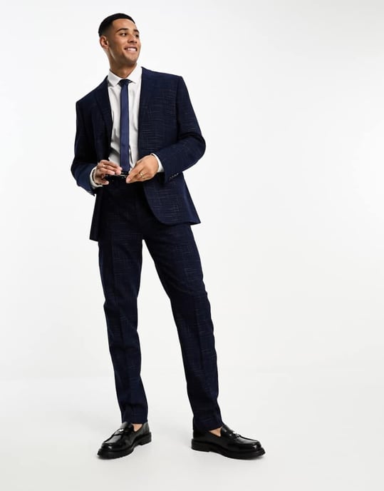ASOS DESIGN slim kostymbyxor i korsmönster i marinblå - Image 1