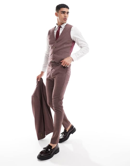 ASOS DESIGN bröllop smal kostymbyxa i burgundy mikrotextur - Image 2