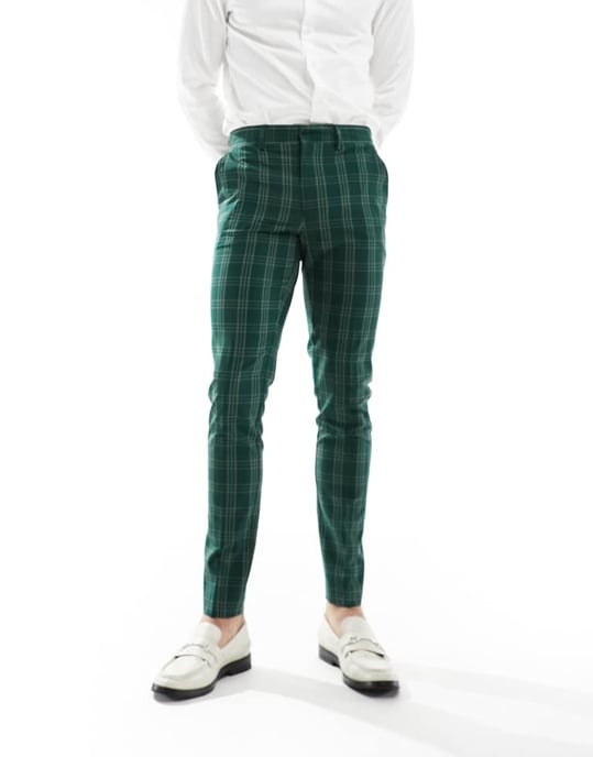 ASOS DESIGN smal passform kostymbyxa i grön ton-i-ton rutig - Image 2