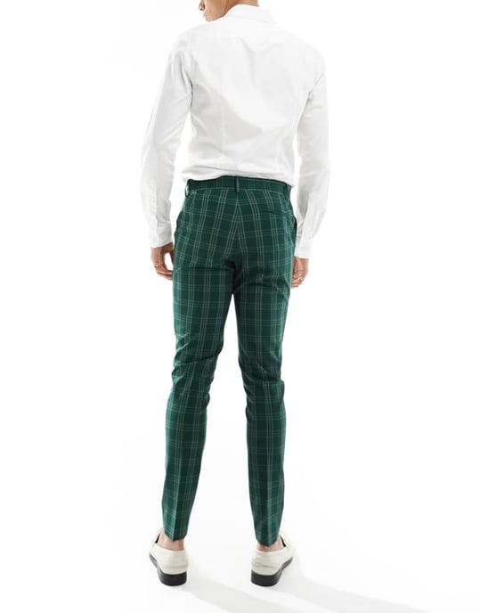 ASOS DESIGN smal passform kostymbyxa i grön ton-i-ton rutig - Image 3