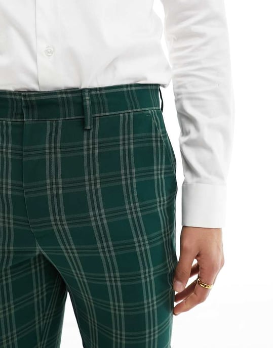 ASOS DESIGN smal passform kostymbyxa i grön ton-i-ton rutig - Image 4