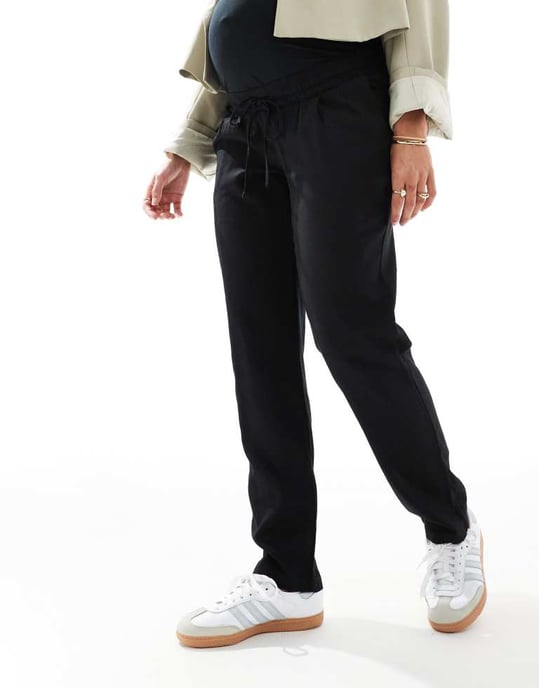 Vero Moda Gravid linneblandning tapered byxor i svart - Image 3