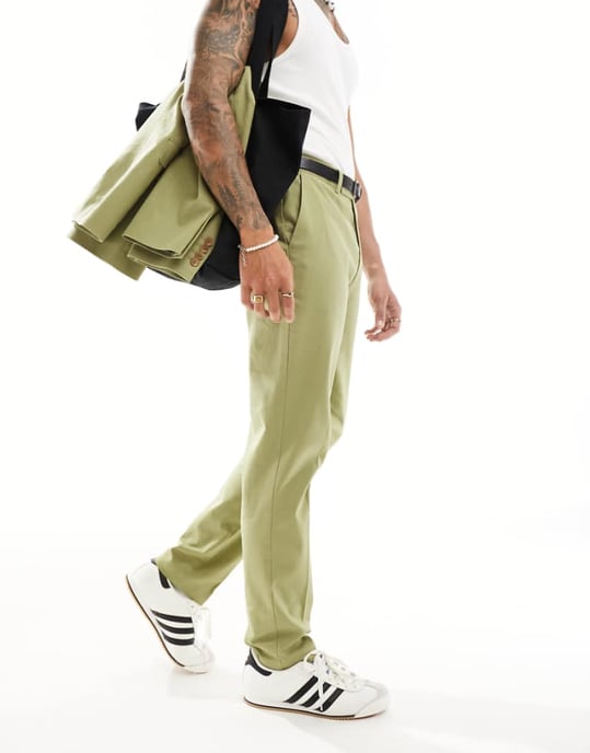 ASOS DESIGN smal kostymbyxa i linne i salviagrön - Image 1