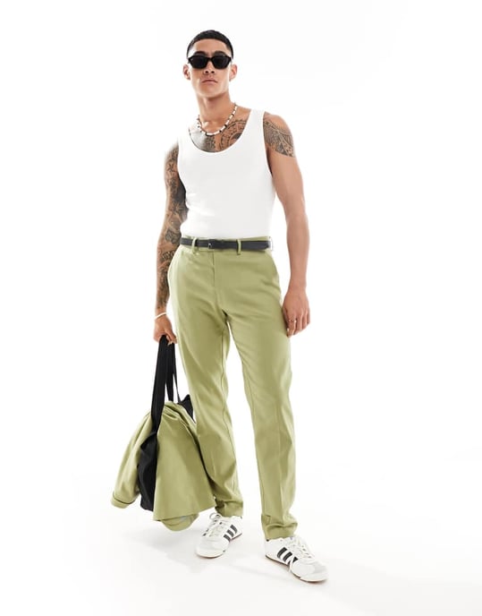 ASOS DESIGN smal kostymbyxa i linne i salviagrön - Image 2