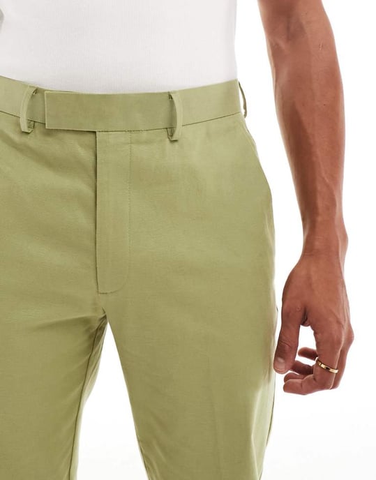 ASOS DESIGN smal kostymbyxa i linne i salviagrön - Image 3