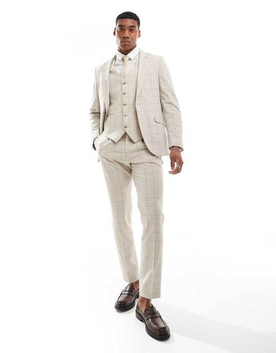 Shelby and Sons wainwright slim suit jacket in stone with windowpane check - Image 2