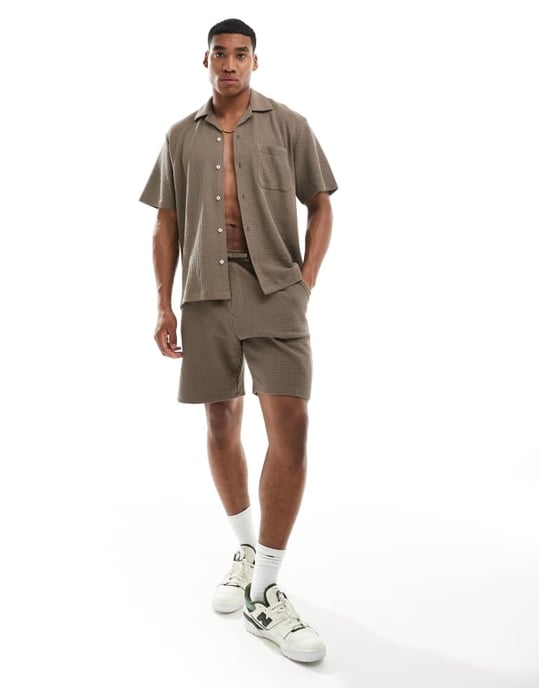 Selected Homme koord waffle shorts i brunt - Image 2