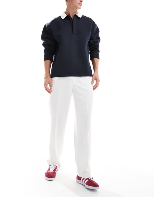 ASOS DESIGN hängslen smarta raka byxor med elastisk midja i vit textur - Image 1