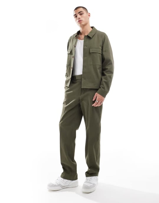 ASOS DESIGN smart co-ord raka byxor i khaki med resårmidja - Image 1