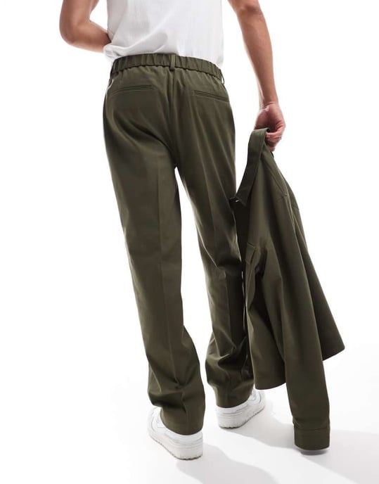ASOS DESIGN smart co-ord raka byxor i khaki med resårmidja - Image 3
