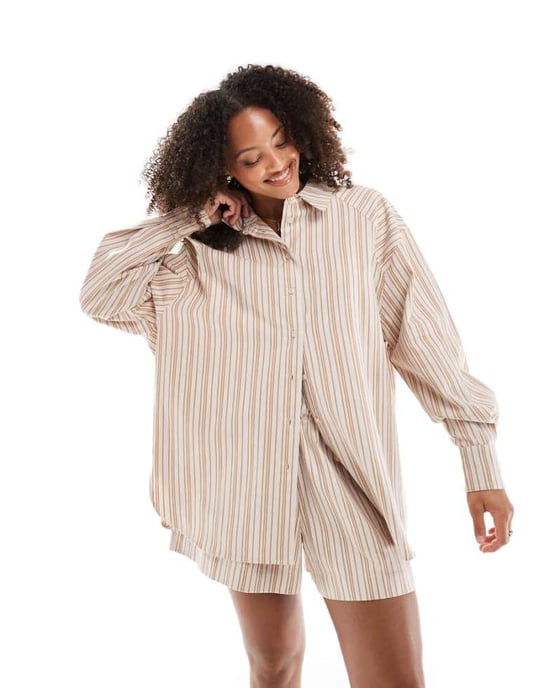 ASOS DESIGN relaxed shirt co-ord in brown stripe - Image 1