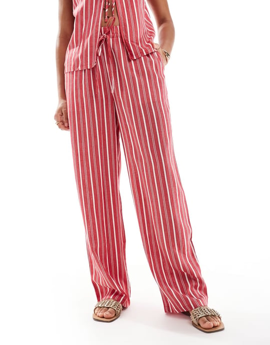 ASOS DESIGN linen look pull on trouser co-ord in red stripe - Image 4