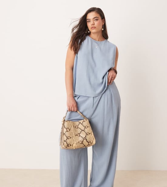ASOS DESIGN Curve pleat front wide leg trousers with linen co-ord in blue - Image 1
