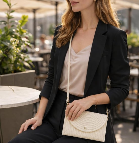 Ladies Minimalist Envelope Crossbody Bag, Woven Straw Clutch Bag in White - Image 2