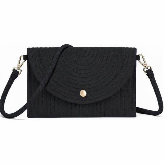 Ladies Minimalist Envelope Crossbody Bag, Woven Straw Clutch Bag in Black - Image 1