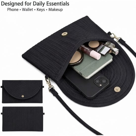 Ladies Minimalist Envelope Crossbody Bag, Woven Straw Clutch Bag in Black - Image 3