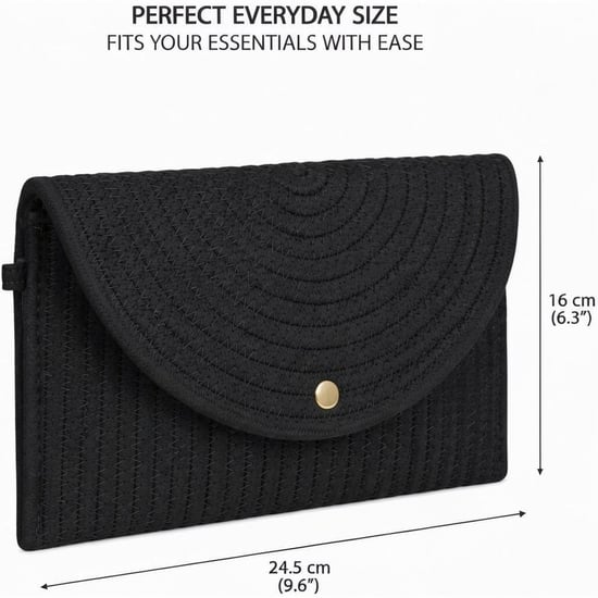 Ladies Minimalist Envelope Crossbody Bag, Woven Straw Clutch Bag in Black - Image 5