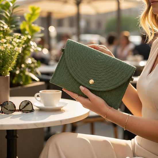 Ladies Minimalist Envelope Crossbody Bag, Woven Straw Clutch Bag in Green - Image 2